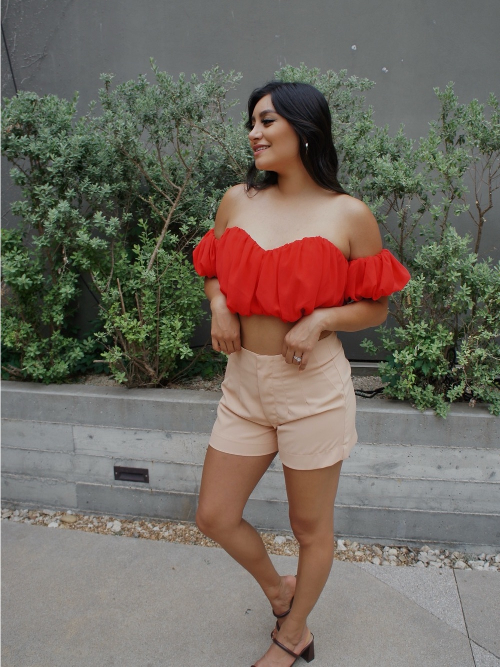 Red Off-Shoulder Crop Top with Puff Sleeves